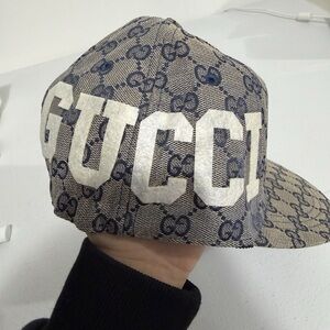 Gucci 25 Logo Monogram Baseball Cap Blue Beige GG Canvas